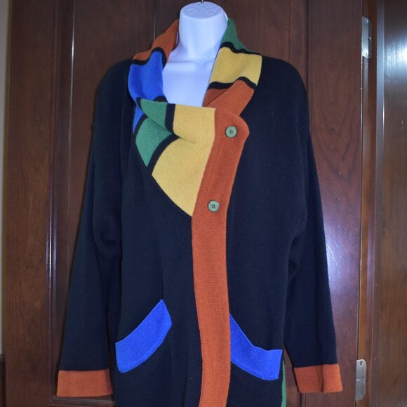 VTG CRISCA by Escada Fish Print Color Block Wool Cardigan Sweater Sz Large Rare - Picture 12 of 16